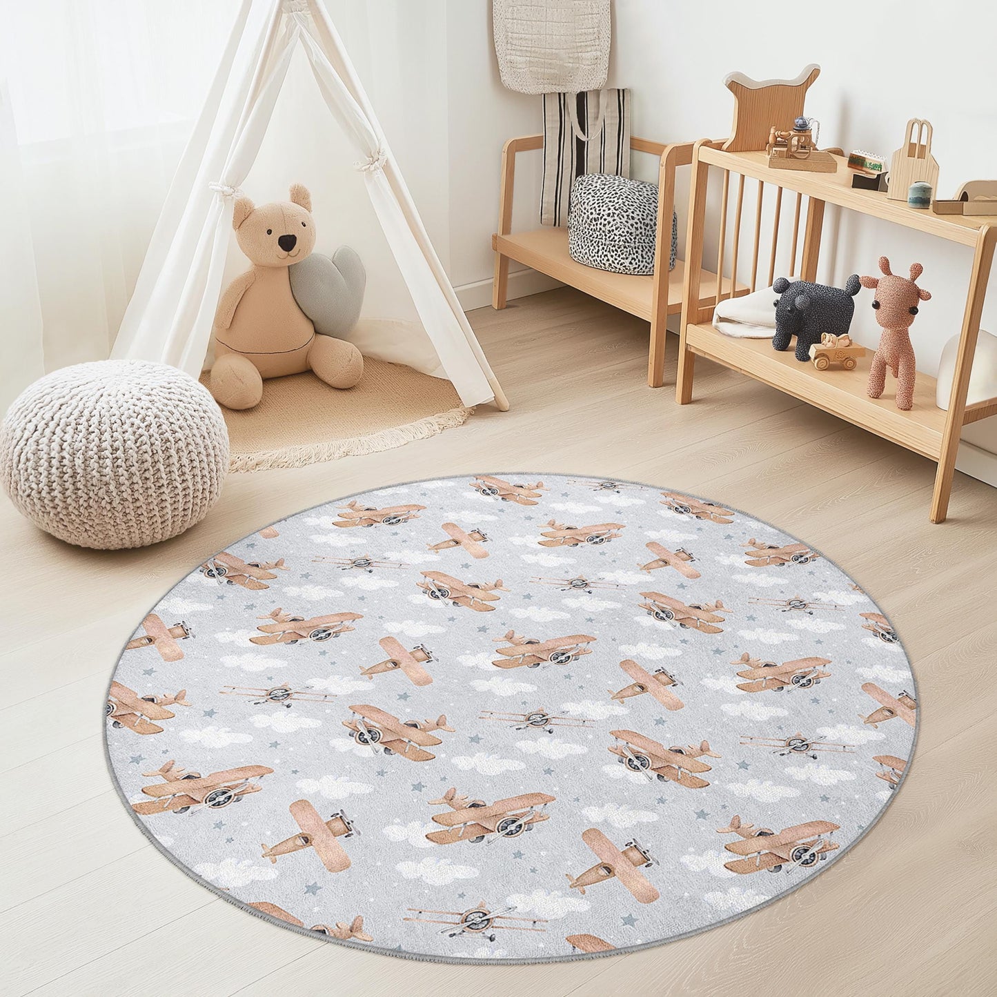 Runder Kinderteppich im Vintage-Flugzeug-Design, Kinderzimmerteppich mit Luftfahrtmotiv, Spielzimmerteppich mit Wolkenmuster, weicher Teppich fürs Kinderzimmer