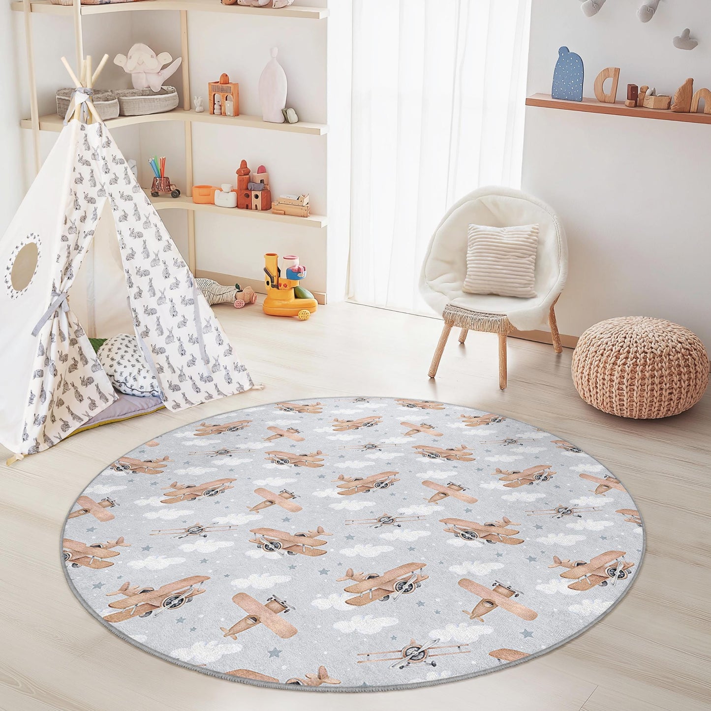 Runder Kinderteppich im Vintage-Flugzeug-Design, Kinderzimmerteppich mit Luftfahrtmotiv, Spielzimmerteppich mit Wolkenmuster, weicher Teppich fürs Kinderzimmer