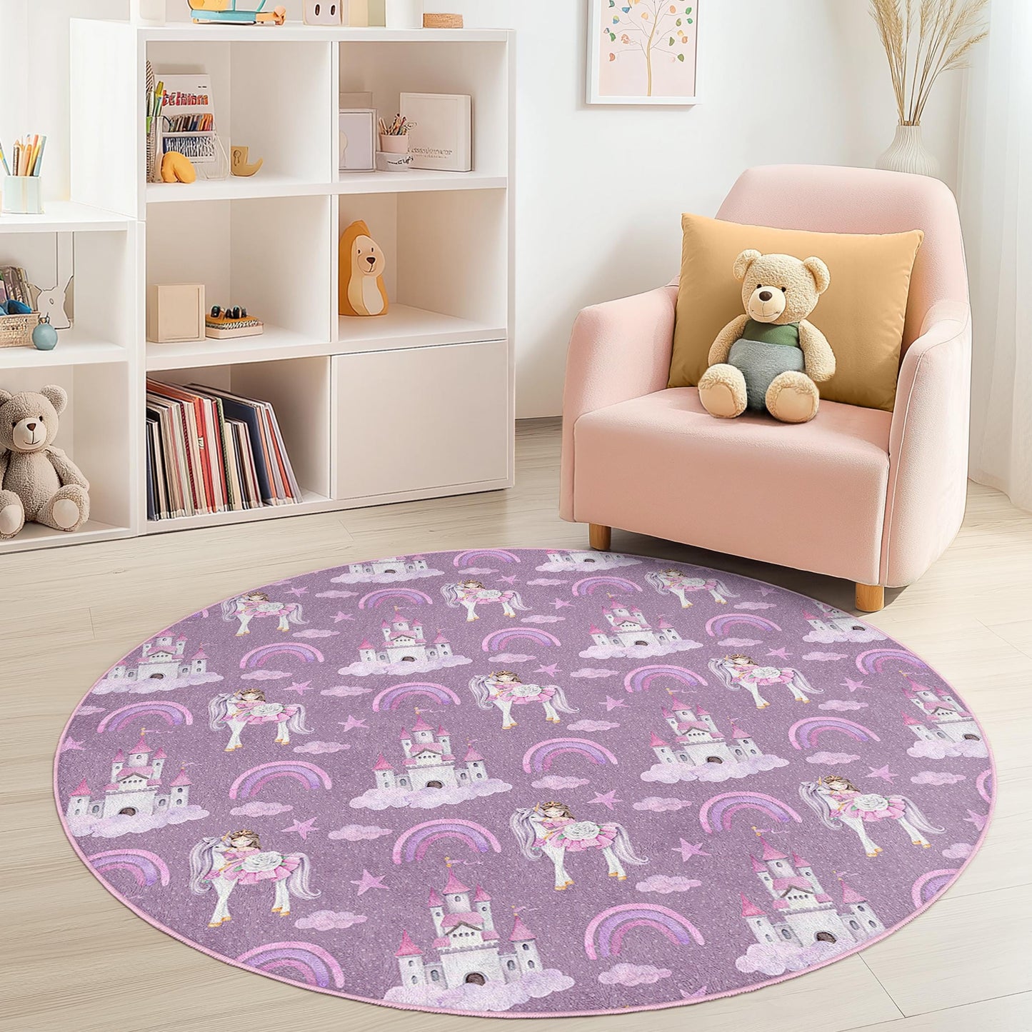 Runder Kinderteppich mit verspieltem Einhorn-Motiv, niedlichem Schloss- und Regenbogenmuster, weiche Spielmatte für Mädchenzimmer, Kinderzimmerdekoration, Spielzimmerteppich
