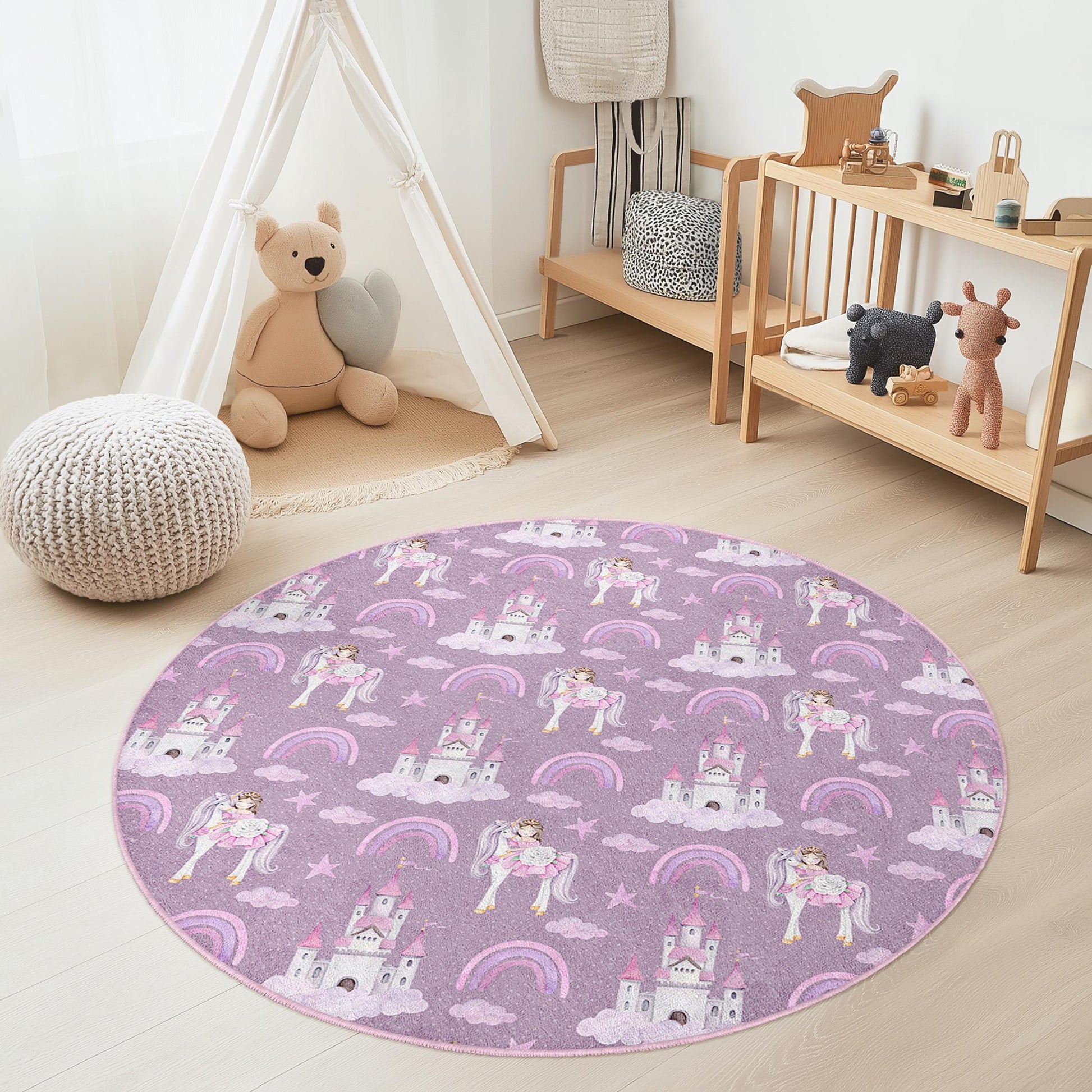 Whimsical Unicorn Round Kids Rug, Cute Castle and Rainbow Design, Soft Play Mat for Girls Room, Nursery Decor, Playroom Carpet