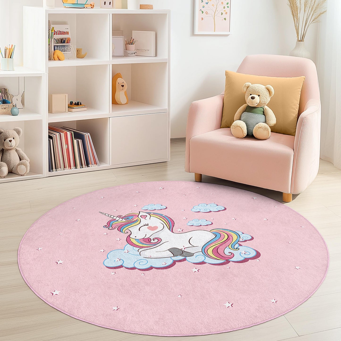 Runder Einhorn-Kinderteppich, rosa Einhorn-Teppich, Spielzimmerdeko, Kinderzimmerteppich, weiche Spielmatte, Mädchenzimmerteppich