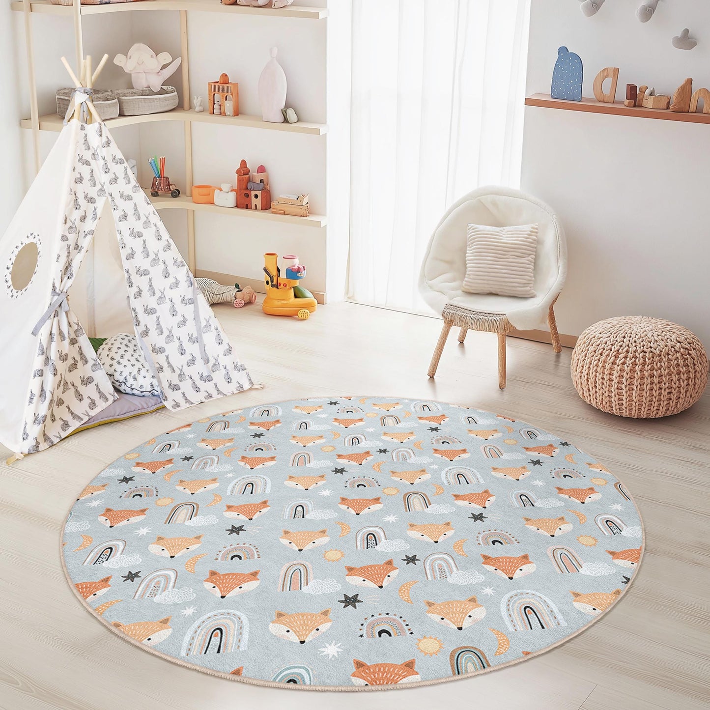 Runder Kinderteppich mit verspieltem Fuchsmotiv, niedlicher Teppich mit Fuchsmuster, Spielzimmerdeko, runder Kinderzimmerteppich