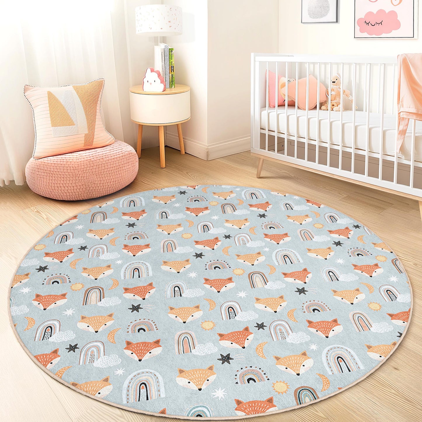 Runder Kinderteppich mit verspieltem Fuchsmotiv, niedlicher Teppich mit Fuchsmuster, Spielzimmerdeko, runder Kinderzimmerteppich