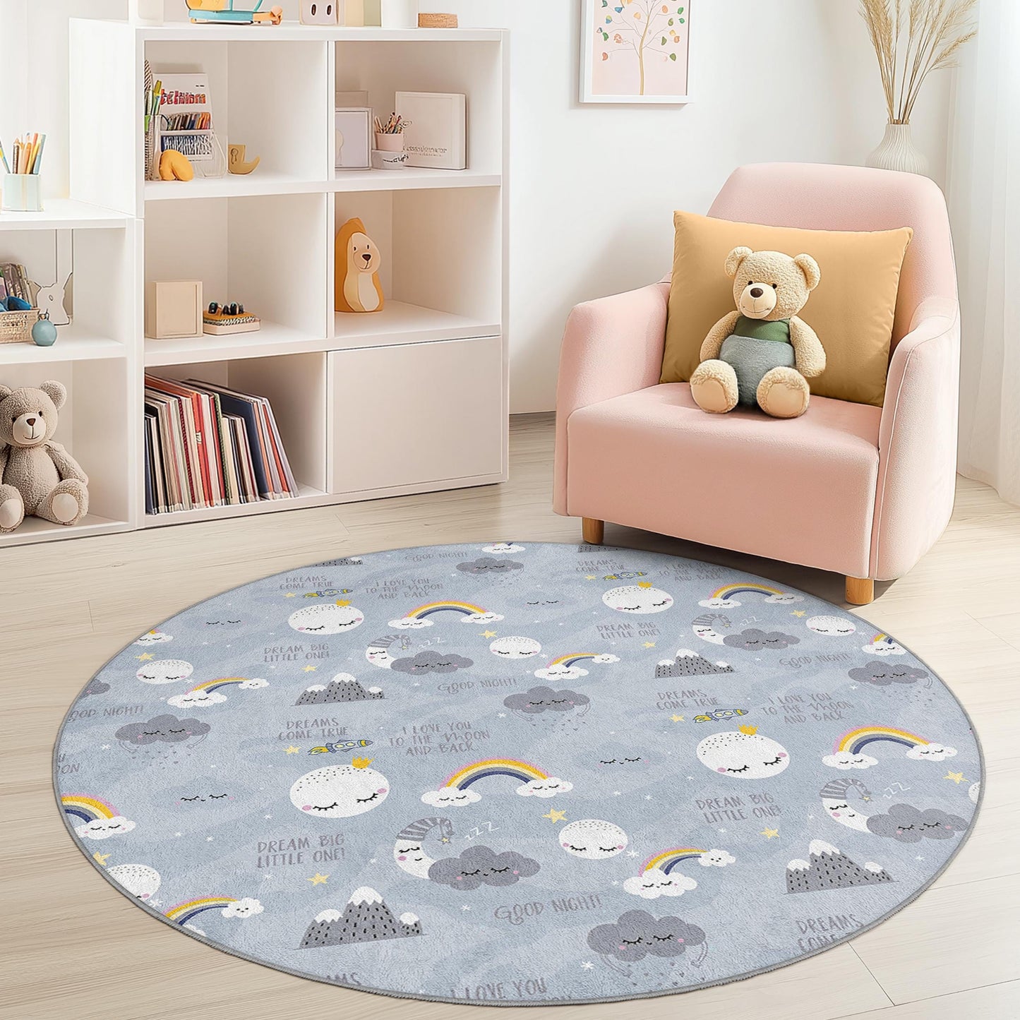 Runder Spielteppich „Traumhafte Wolken“, lustiges Regenbogenmuster, weiche und kuschelige Spielmatte fürs Kinderzimmer, Kinderzimmerdeko