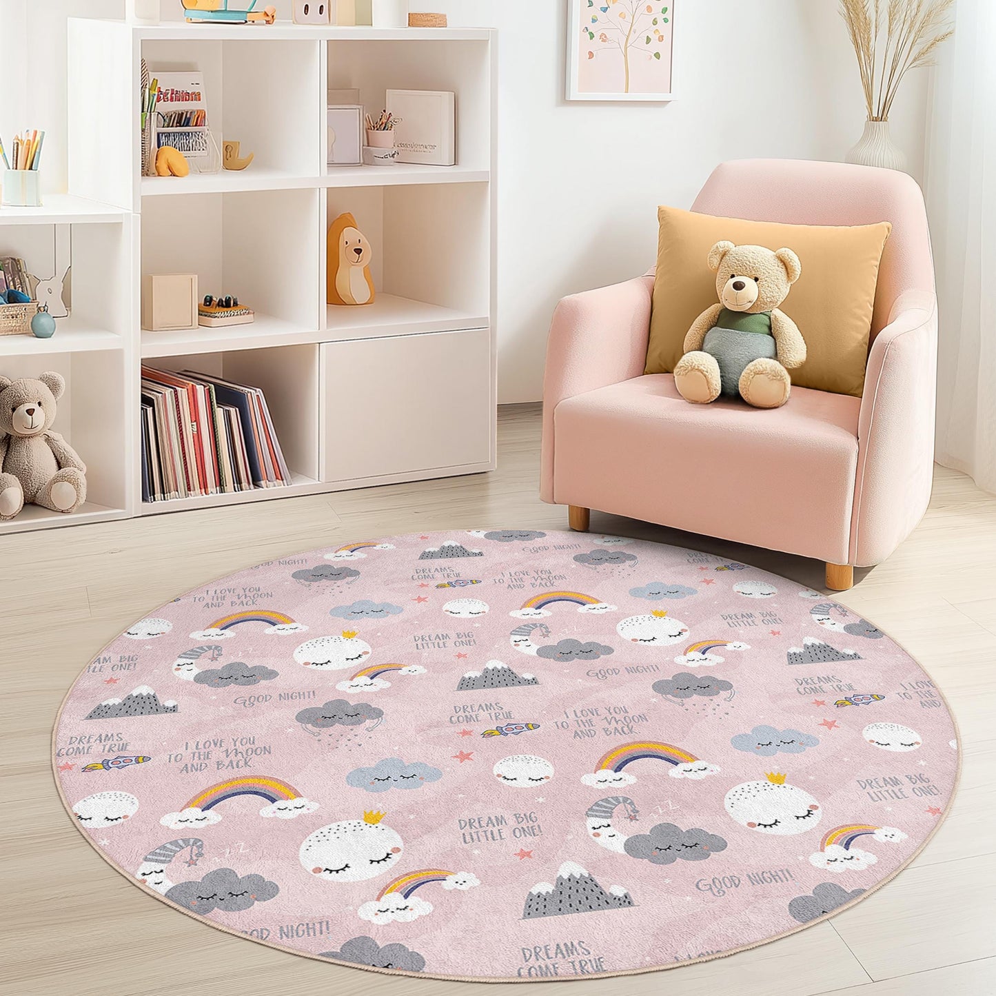 Runder Kinderteppich „Traumhafte Wolken“, Regenbogen-Kinderzimmerteppich, weiche Spielmatte für Kinder, niedliche Babyzimmerdeko, Kinderzimmeraccessoires