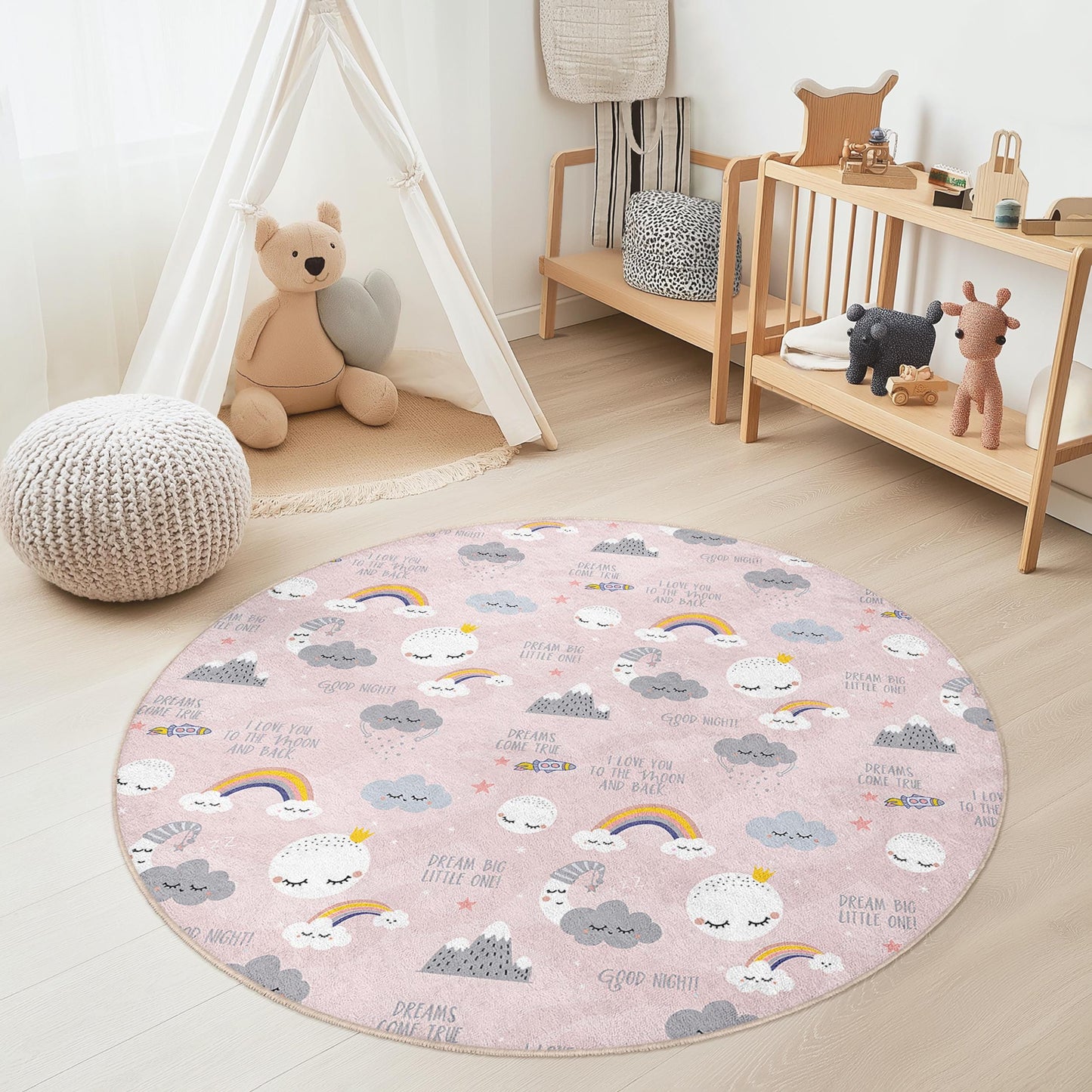 Runder Kinderteppich „Traumhafte Wolken“, Regenbogen-Kinderzimmerteppich, weiche Spielmatte für Kinder, niedliche Babyzimmerdeko, Kinderzimmeraccessoires