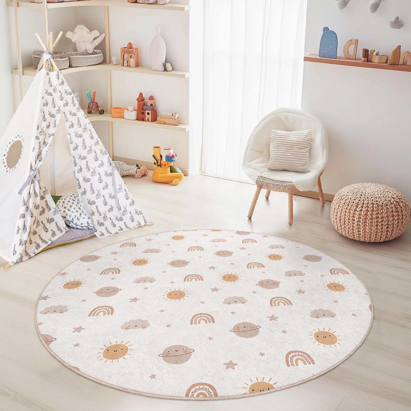 Runder Kinderspielteppich „Sunshine Skies“, Regenbogen- und Planetenmotiv, weicher Teppich fürs Kinderzimmer, Babyzimmerdekoration, Spielmatte für Kinder