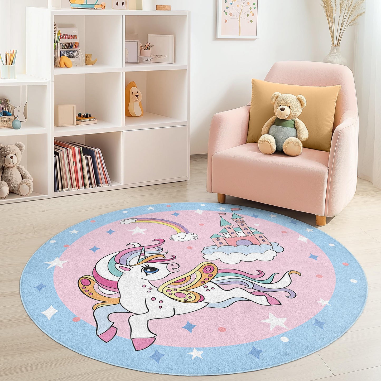 Runder Zauber-Einhorn-Kinderteppich, Märchenhafter Kinderteppich, Spielzimmerdeko, Kinderzimmerteppich, Fantasiezimmerteppich, Kinderzimmeraccessoires
