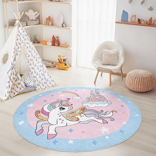 Magical Unicorn Round Kids Rug, Fairy Tale Kids Carpet, Playroom Decor, Nursery Rug, Fantasy Room Rug, Kids Room Accessories