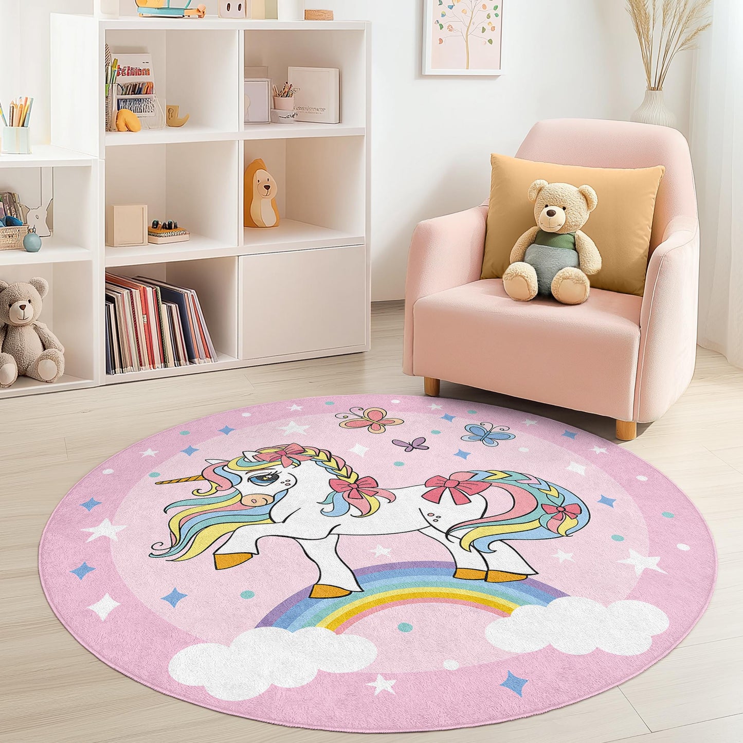 Verspielter runder Einhorn-Kinderteppich, Regenbogen-Einhorn-Spielmatte, zauberhafte Kinderzimmerdekoration, Mädchenzimmerteppich, weicher Spielzimmerteppich
