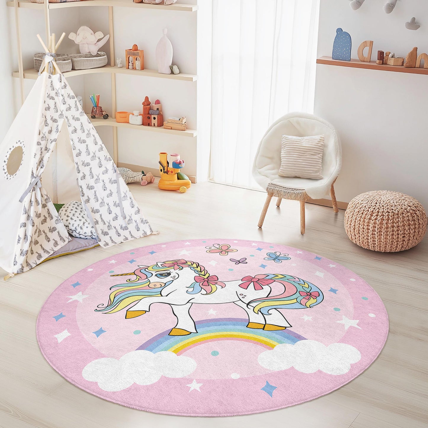 Verspielter runder Einhorn-Kinderteppich, Regenbogen-Einhorn-Spielmatte, zauberhafte Kinderzimmerdekoration, Mädchenzimmerteppich, weicher Spielzimmerteppich