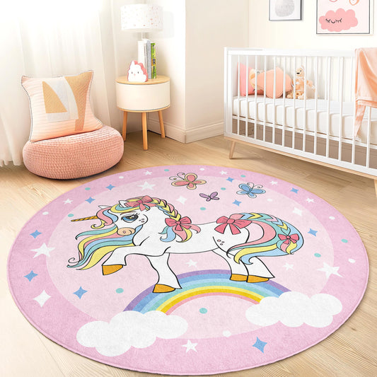 Whimsical Unicorn Round Kids Rug, Rainbow Unicorn Play Mat, Magical Nursery Decor, Girls Room Carpet, Soft Playroom Rug