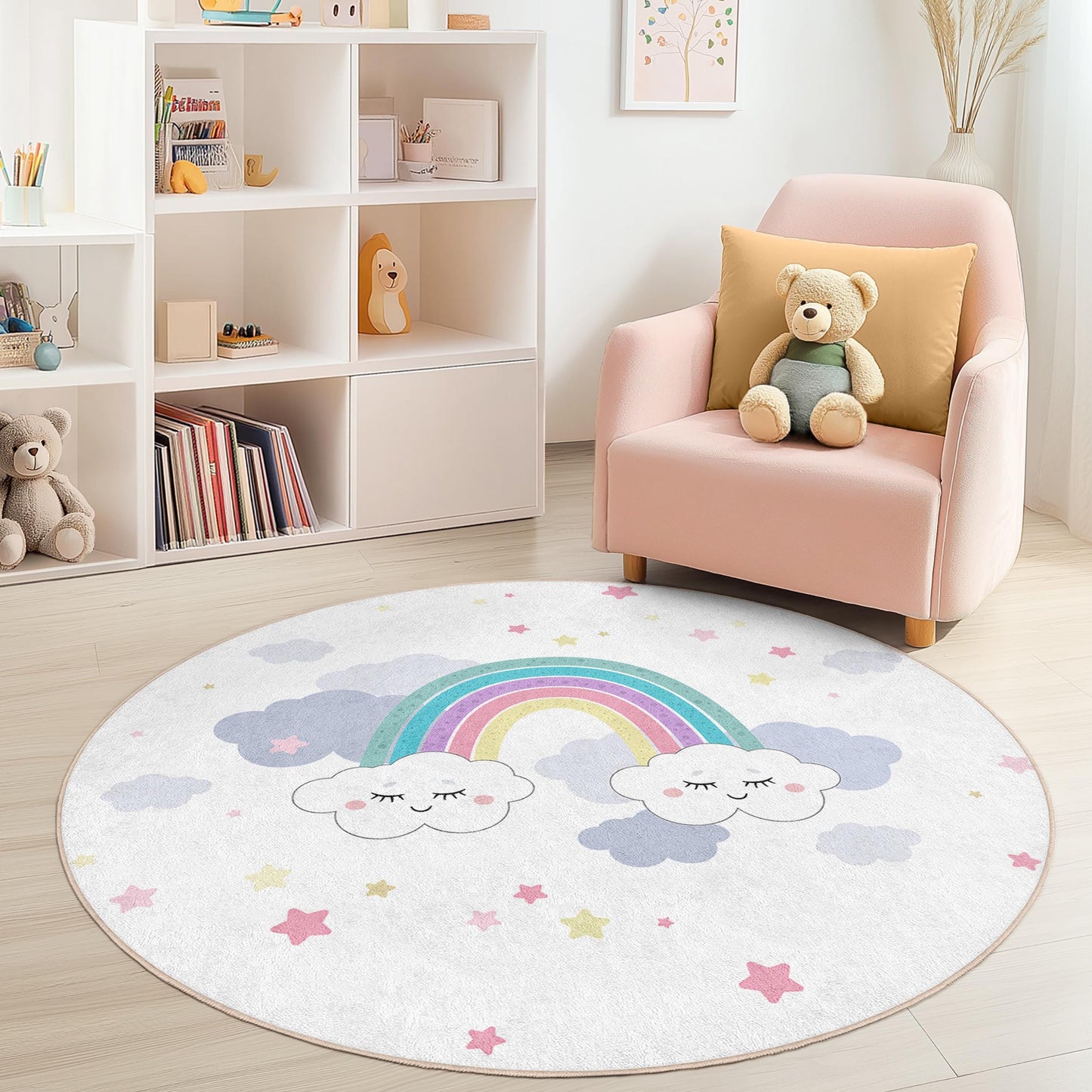 Runder Spielteppich mit Regenbogenwolken, niedlicher Wolken-Regenbogen-Teppich, Kinderzimmerdeko, weicher Kinderteppich, Spielzimmerteppich, Kinderzimmerdeko