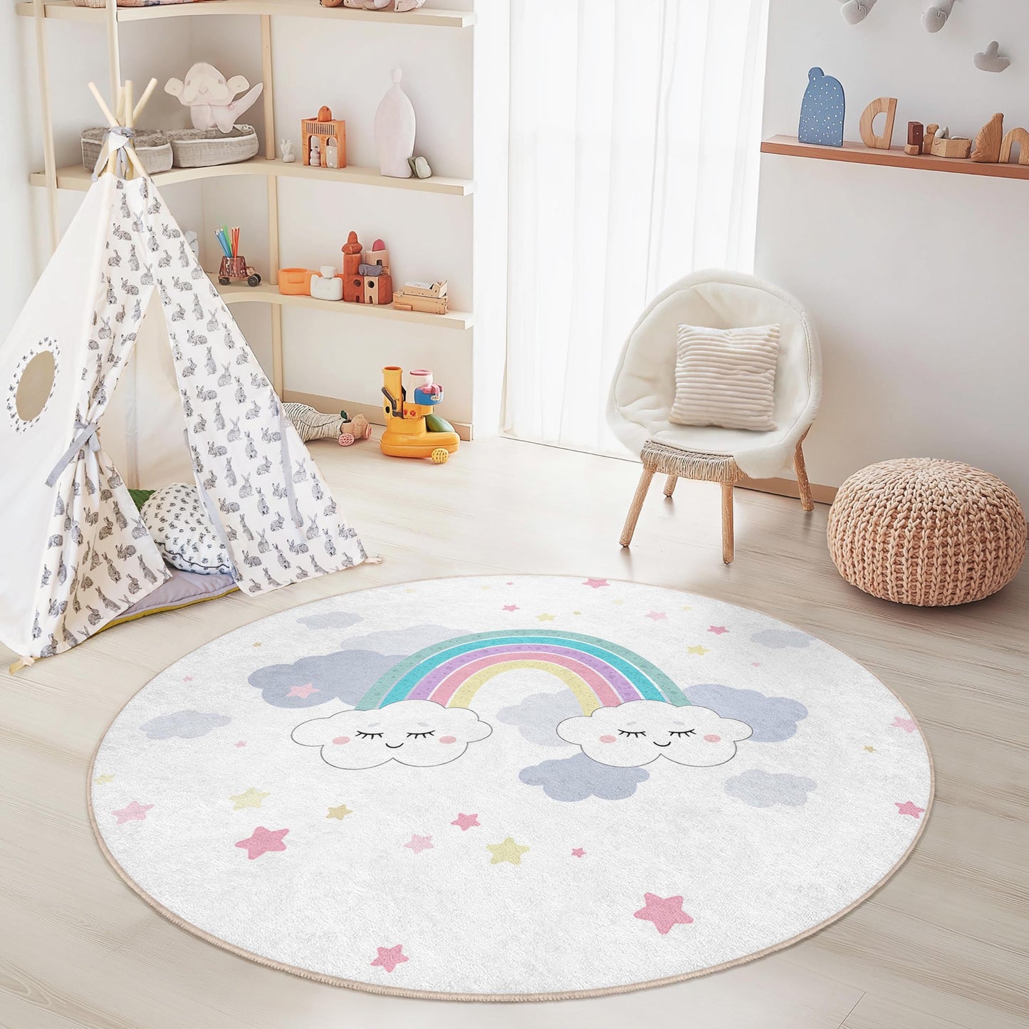 Runder Spielteppich mit Regenbogenwolken, niedlicher Wolken-Regenbogen-Teppich, Kinderzimmerdeko, weicher Kinderteppich, Spielzimmerteppich, Kinderzimmerdeko