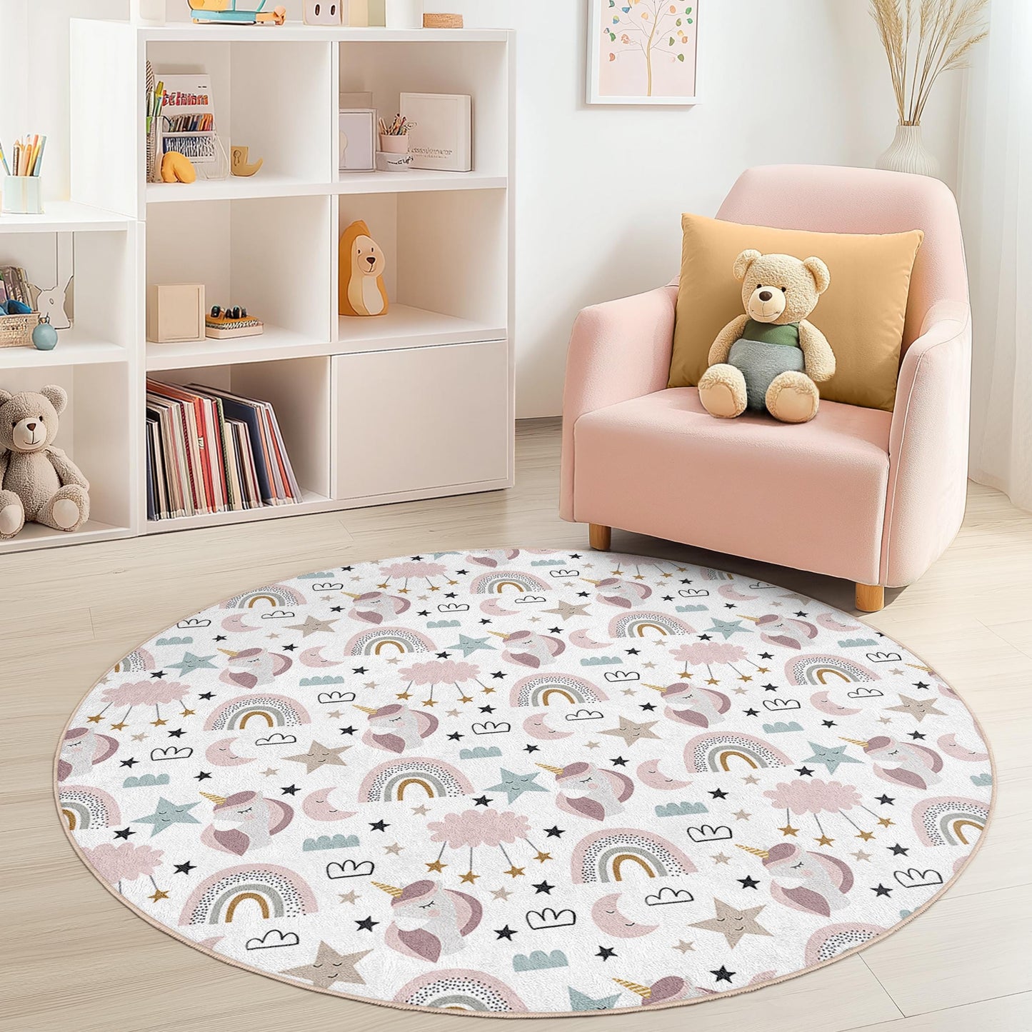 Verspielter runder Einhorn-Spielteppich für Kinder, Regenbogen-Einhorn-Spielmatte, weiche Kinderzimmerdekoration, runder Teppich fürs Kinderzimmer, magischer Kinderteppich