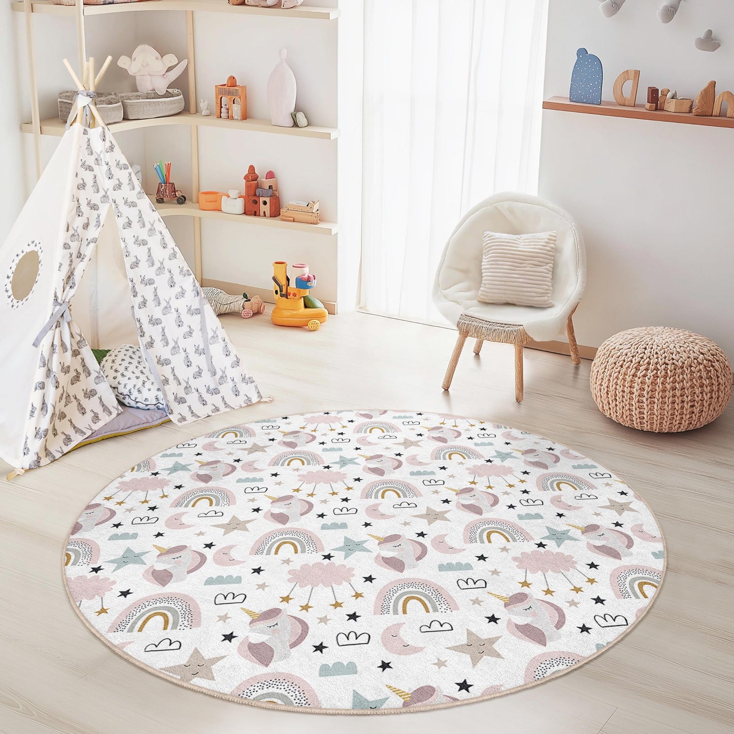 Verspielter runder Einhorn-Spielteppich für Kinder, Regenbogen-Einhorn-Spielmatte, weiche Kinderzimmerdekoration, runder Teppich fürs Kinderzimmer, magischer Kinderteppich