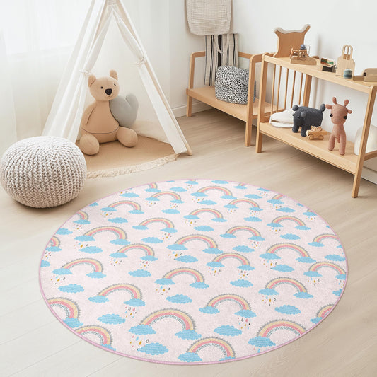 Rainbow Clouds Round Kids Play Rug, Colorful Nursery Carpet, Soft Playroom Floor Mat, Baby Room Decor, Kid's Rainbow Rug