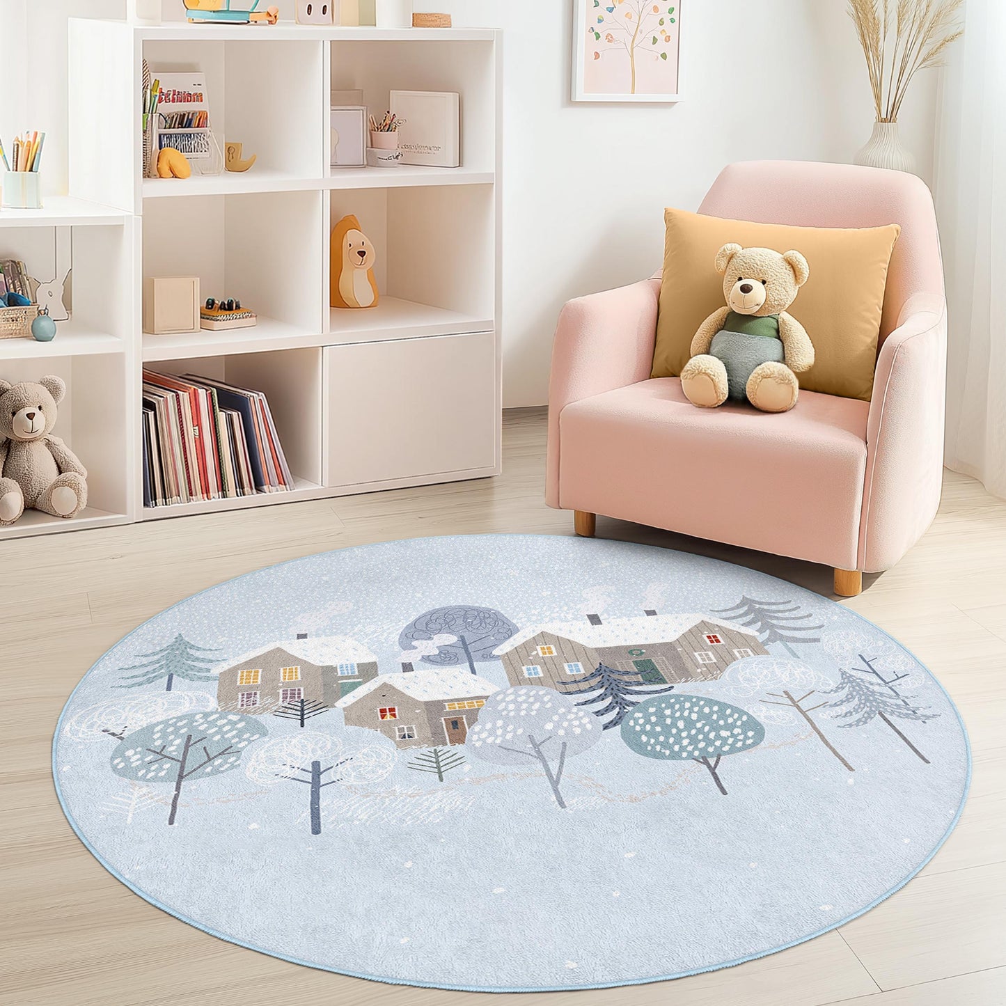 Runder Winterwunderland-Kinderteppich, Gemütlicher Schneedorf-Teppich, Kinderzimmerdeko, Spielzimmerteppich, Weicher runder Teppich