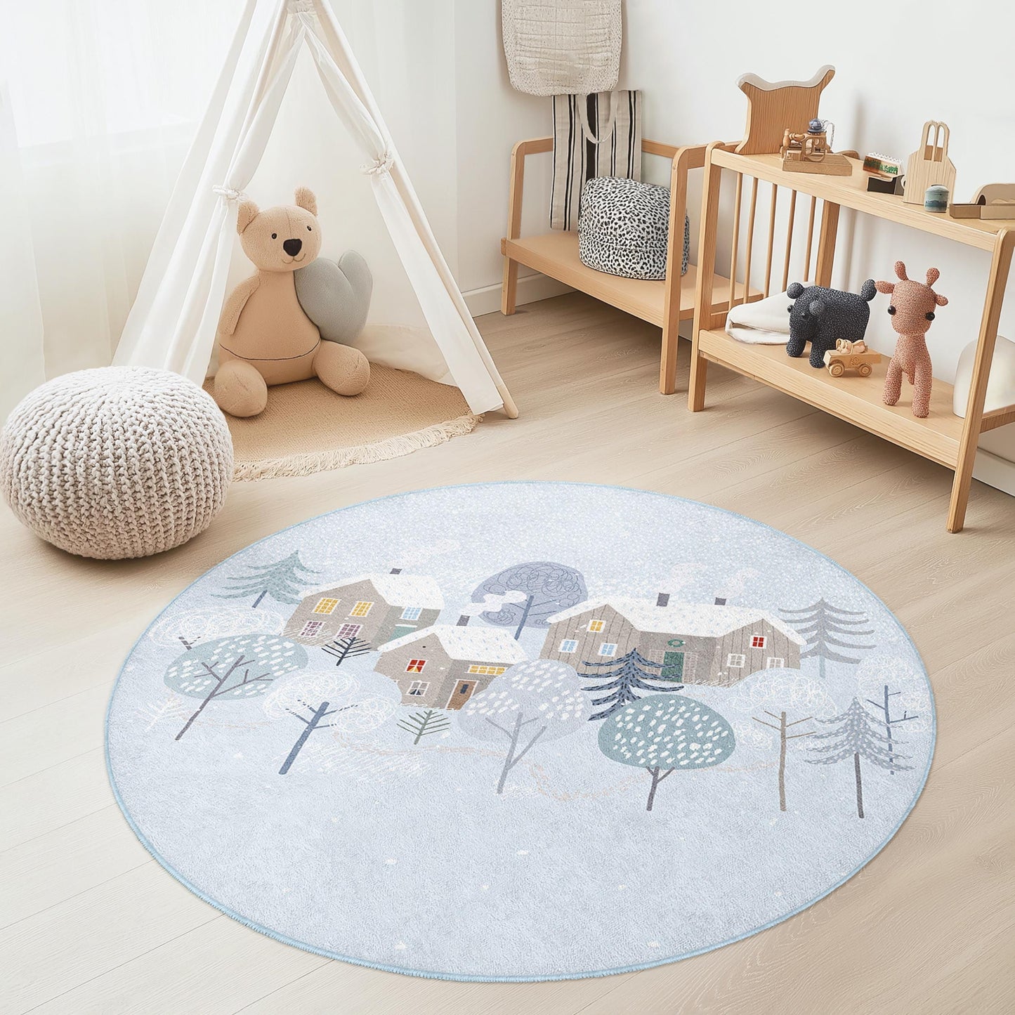 Runder Winterwunderland-Kinderteppich, Gemütlicher Schneedorf-Teppich, Kinderzimmerdeko, Spielzimmerteppich, Weicher runder Teppich