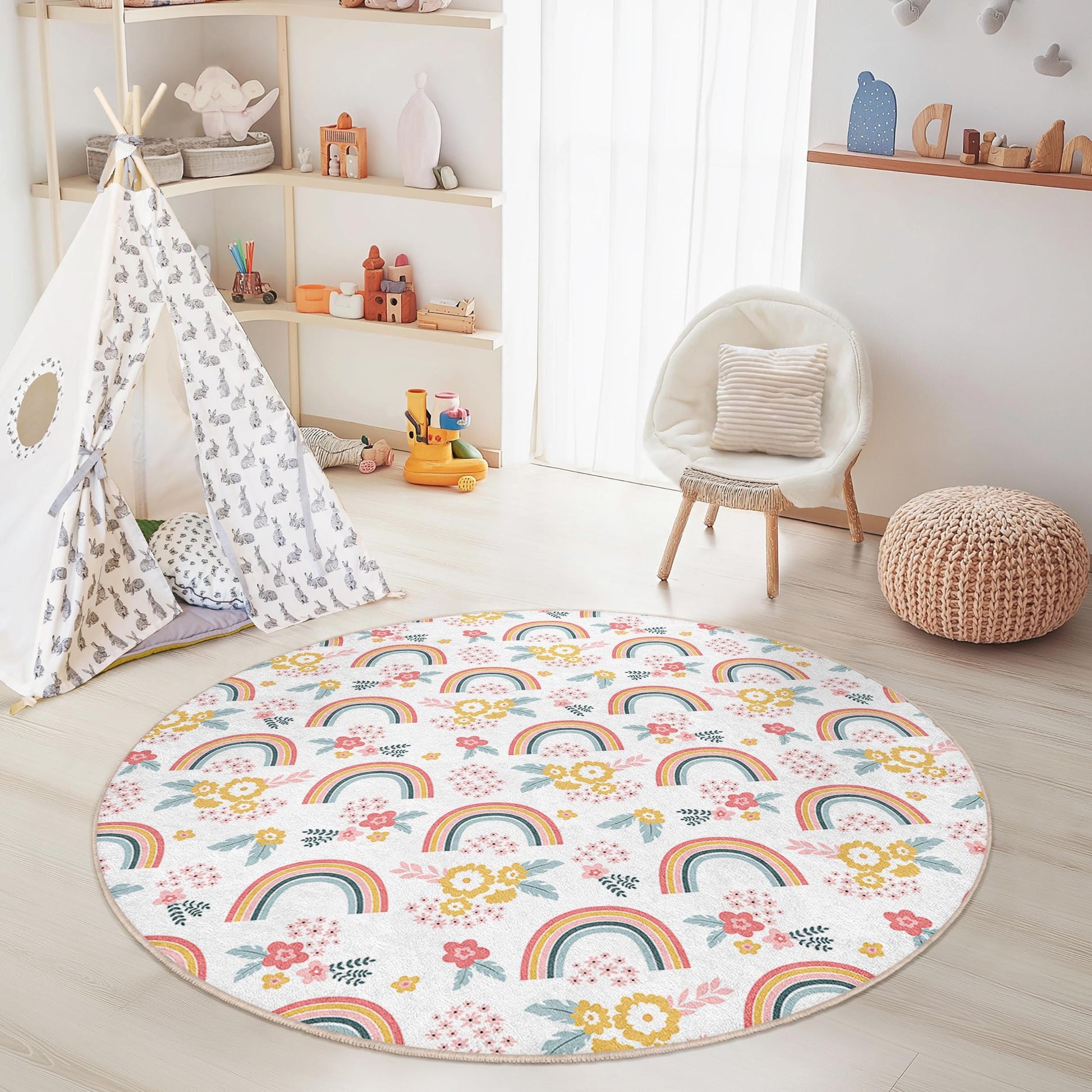 Rainbow Floral Round Area Rug: Kids Playroom Nursery Decor