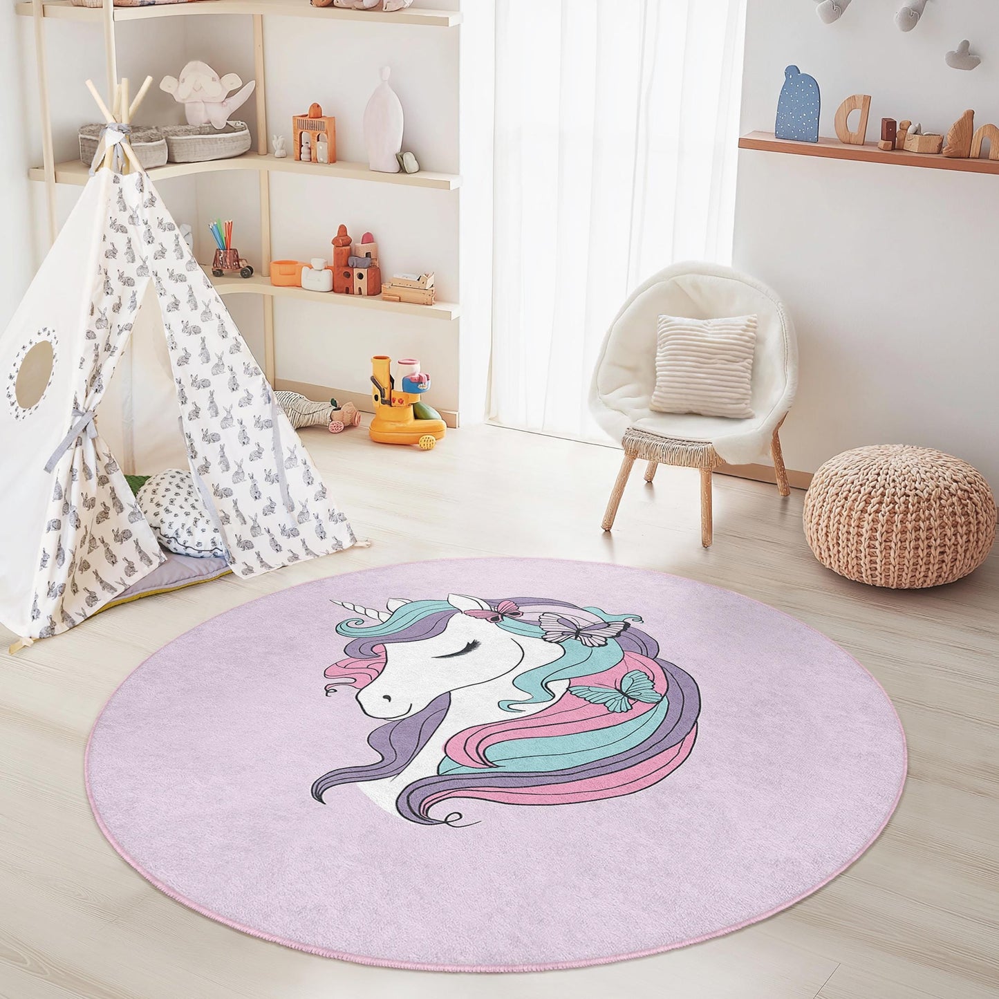 Einhorn-Spielteppich für Kinder: Runder Kinderzimmerteppich mit Schmetterlingsmotiv