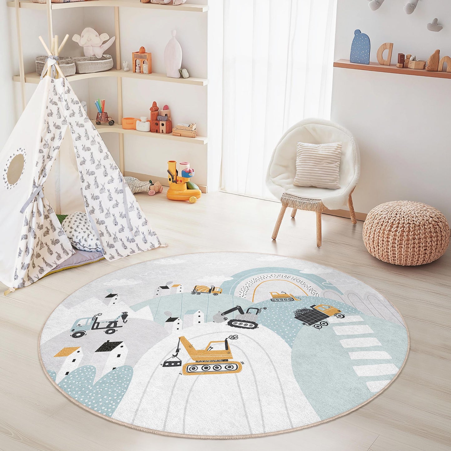Baustellen-Kinderteppich: Verspielte LKWs, weicher Spielzimmerteppich