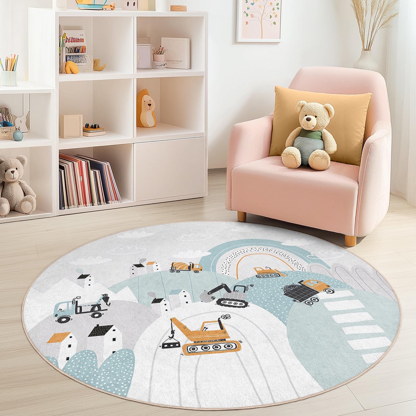 Baustellen-Kinderteppich: Verspielte LKWs, weicher Spielzimmerteppich