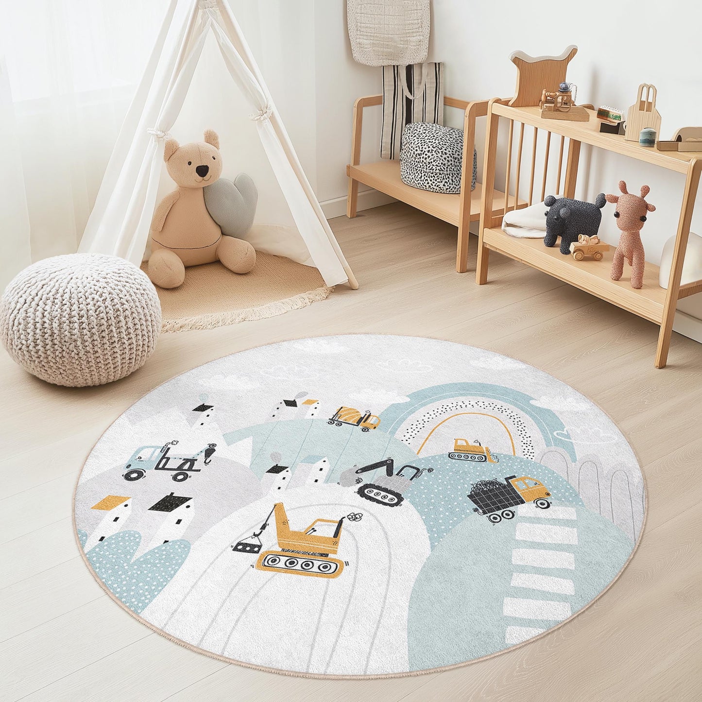 Baustellen-Kinderteppich: Verspielte LKWs, weicher Spielzimmerteppich