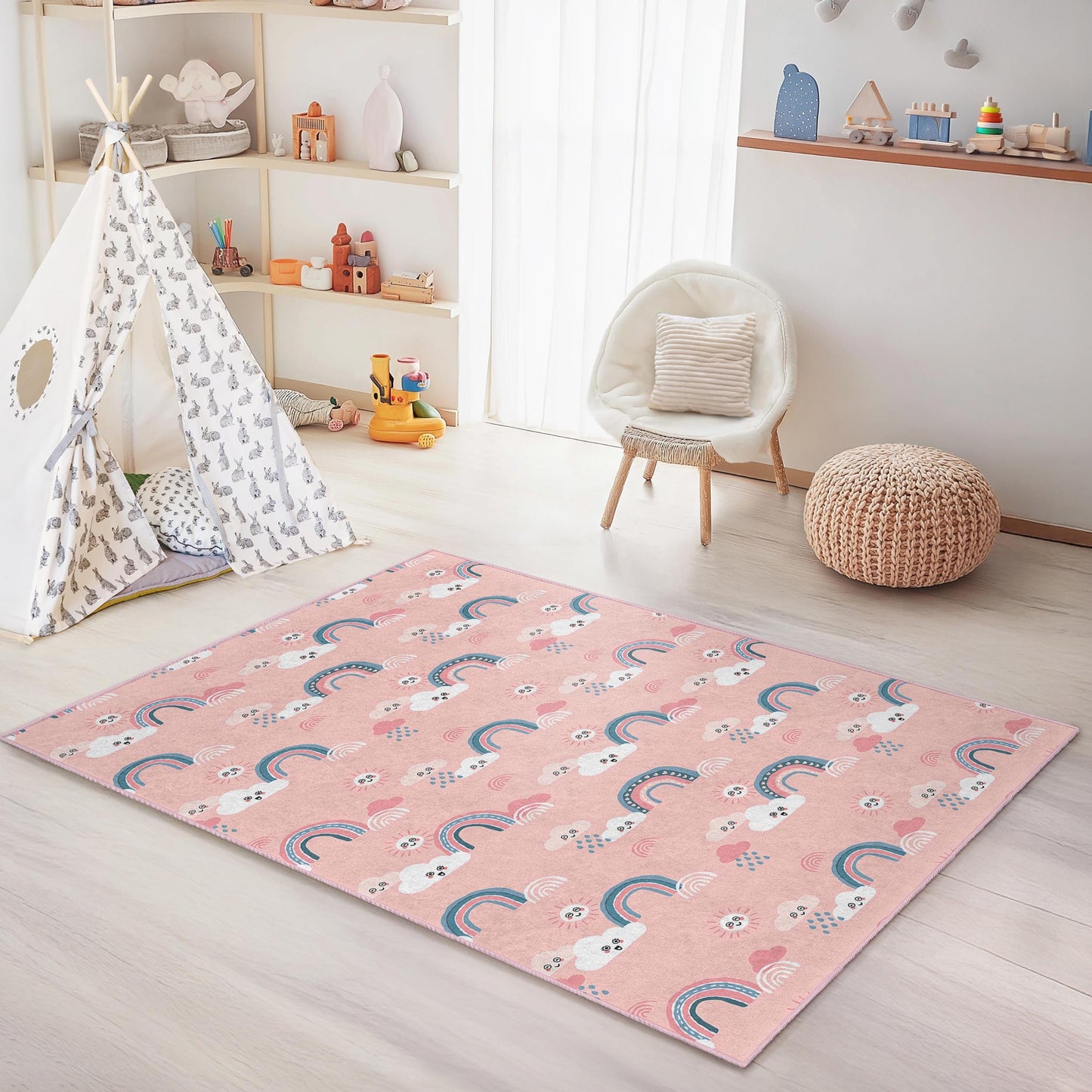 Regenbogenwolken-Kinderteppich: Pastellfarbener Teppich für Kinderzimmer und Spielzimmer