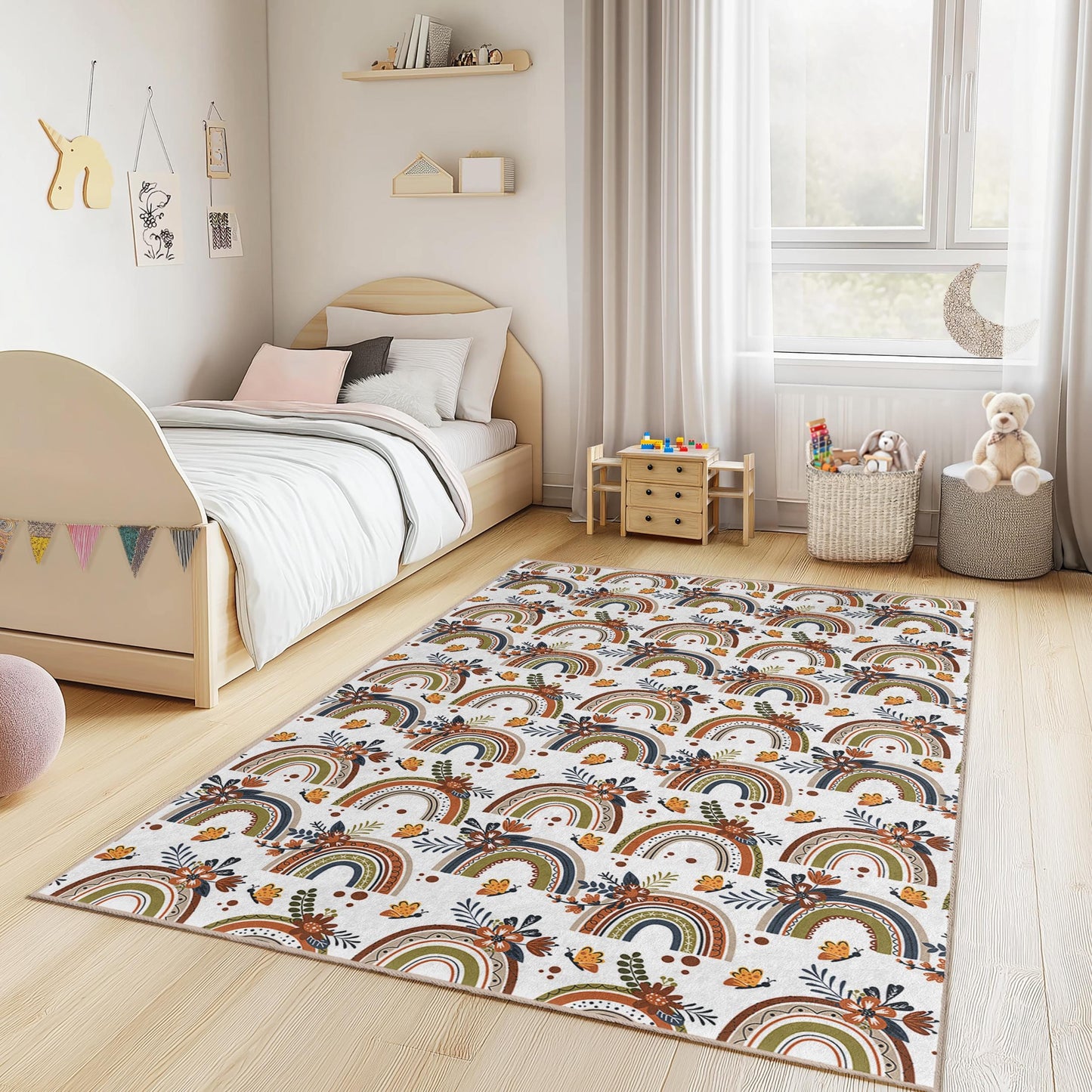 Regenbogenfarbener Blumenteppich für Kinder: Weicher Teppich für Spielzimmer und Kinderzimmer