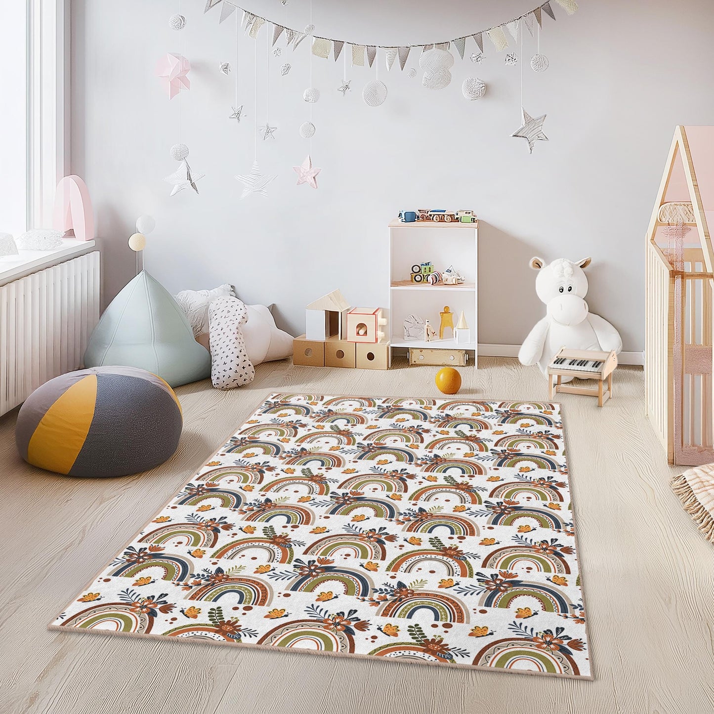 Regenbogenfarbener Blumenteppich für Kinder: Weicher Teppich für Spielzimmer und Kinderzimmer