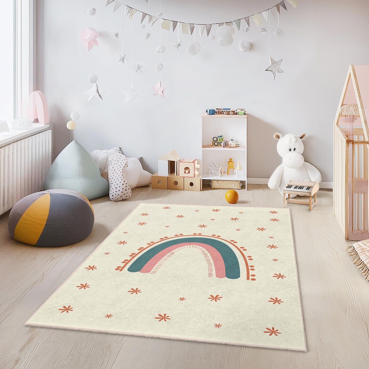 Regenbogen-Kinderzimmerteppich: Weiche Spielmatte mit Sternen