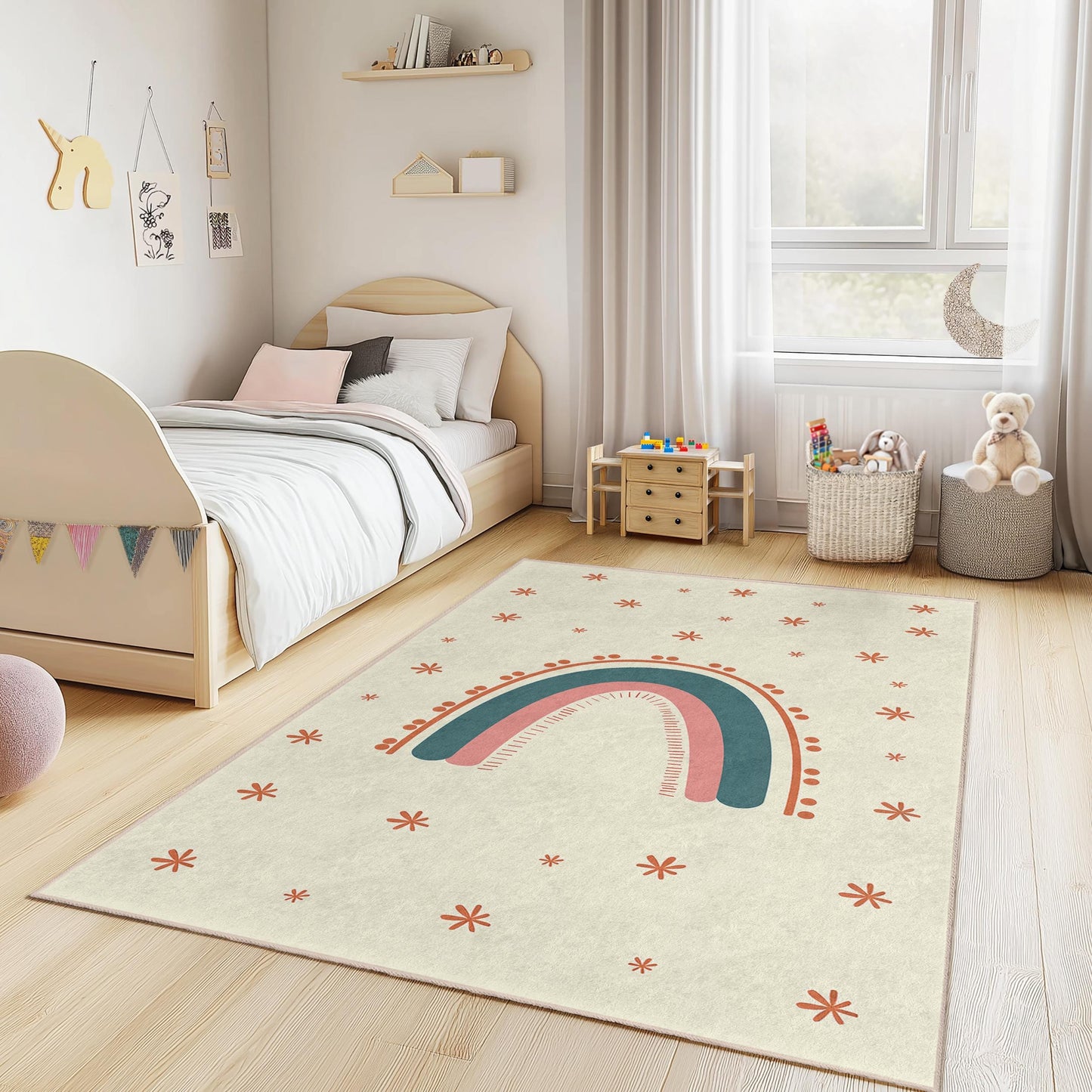 Regenbogen-Kinderzimmerteppich: Weiche Spielmatte mit Sternen