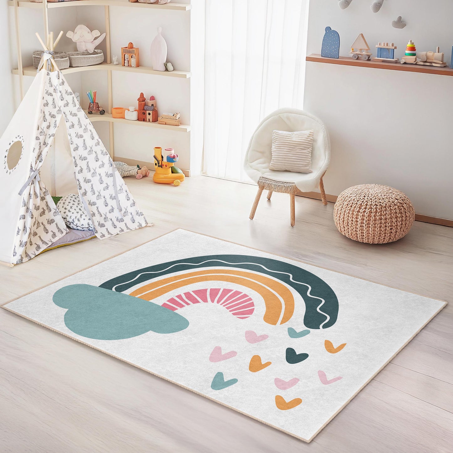 Regenbogenwolken-Kinderteppich: Bunter Teppich für Kinderzimmer und Spielzimmer