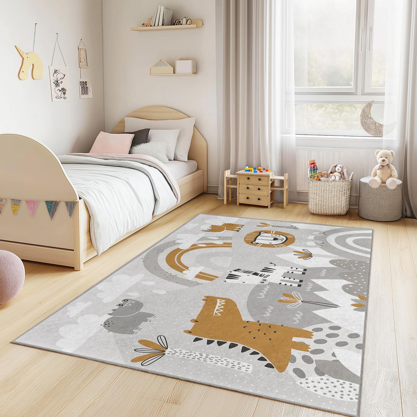 Safari-Abenteuer-Kinderteppich: Tiermotiv fürs Spielzimmer, weich und sicher