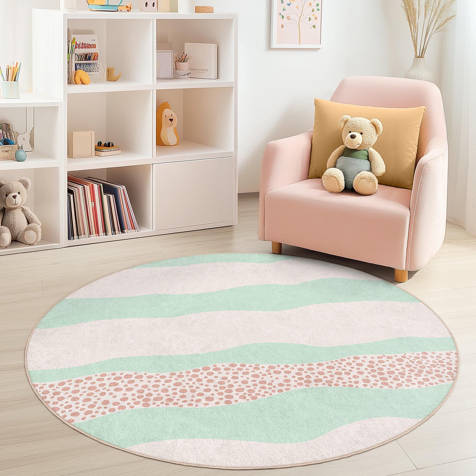 Pastel Waves Kids Rug: Soft Playroom Circle Carpet