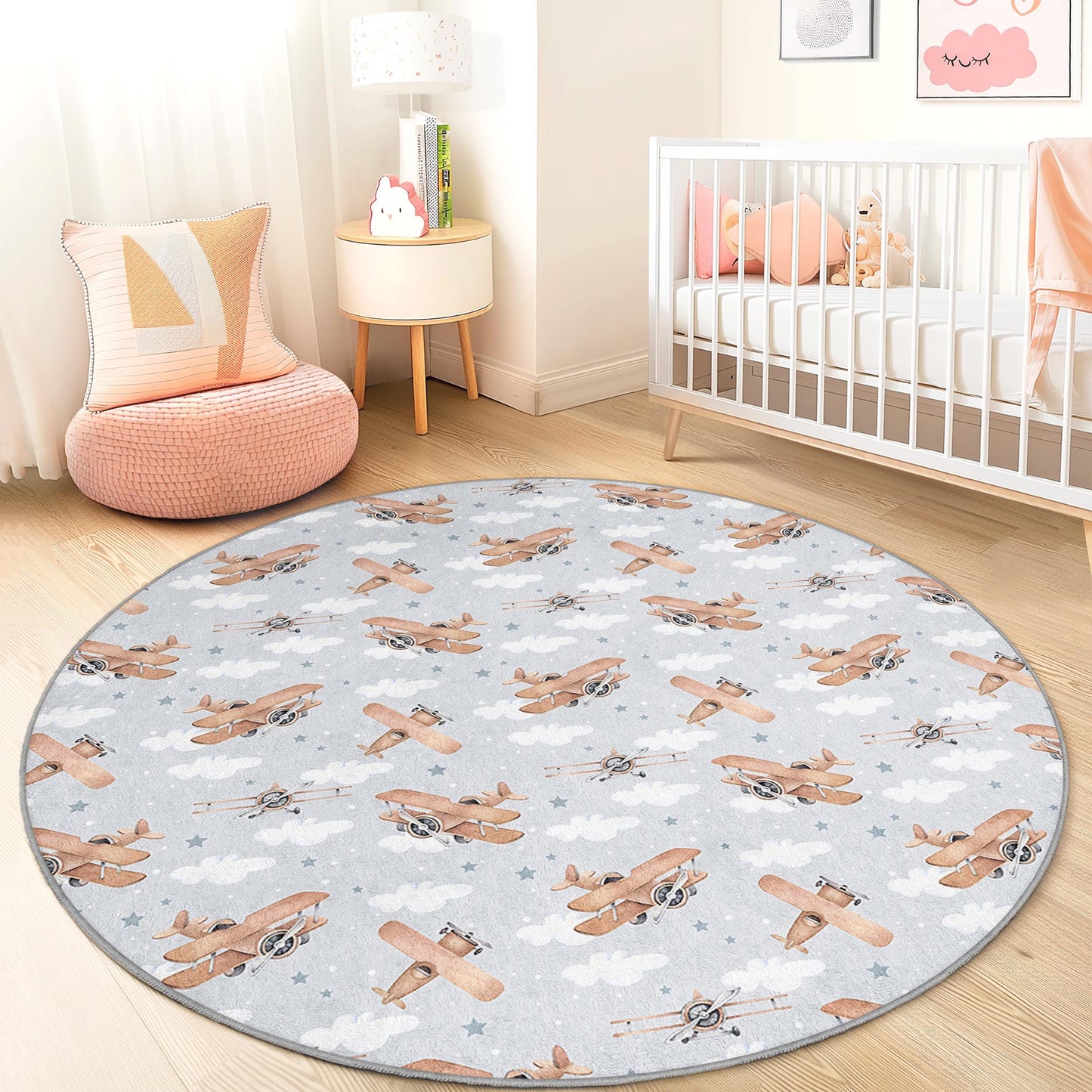 Vintage Airplane Round Kids Rug, Aviation Themed Nursery Carpet, Cloud Pattern Playroom Rug, Soft Area Rug for Kids Room