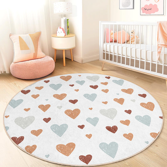 Colorful Hearts Round Kids Rug, Playful Heart Pattern Carpet, Nursery Rug, Soft Round Rug for Childrens Room Decor