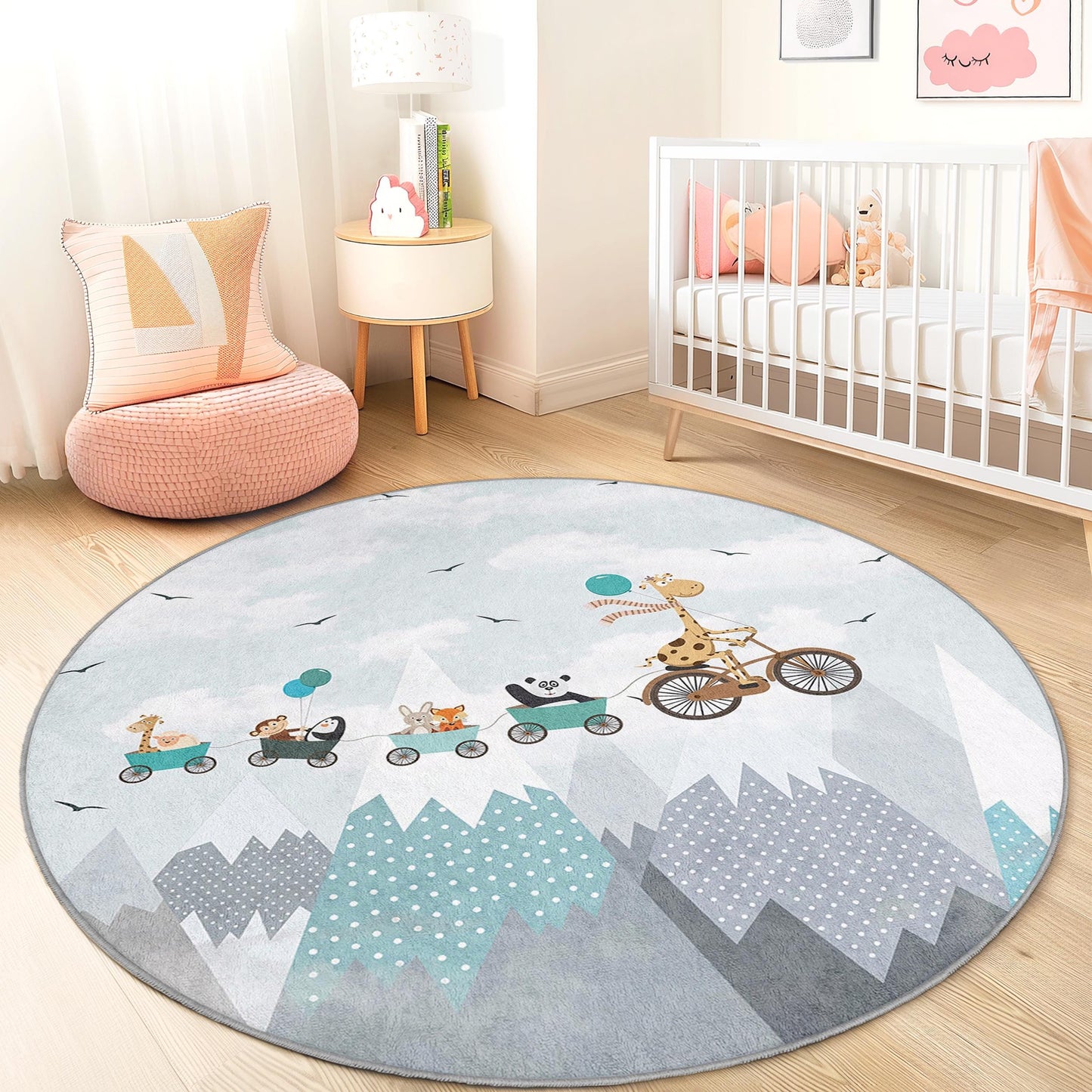 Whimsical Animal Parade Round Kids Rug, Soft Play Mat for Nursery, Cute Nursery Decor, Child's Room Carpet, Playroom Rug