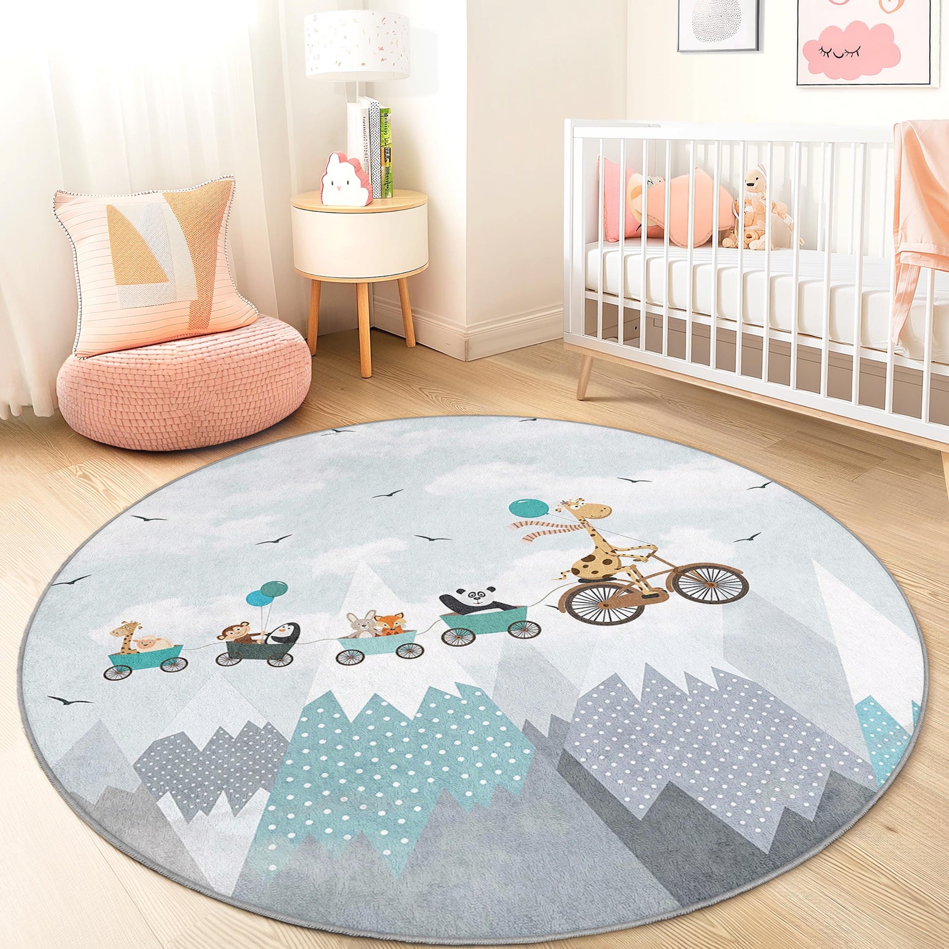 Whimsical Animal Parade Round Kids Rug, Soft Play Mat for Nursery, Cute Nursery Decor, Child's Room Carpet, Playroom Rug