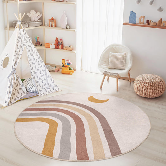 Rainbow Dream Round Kids Area Rug, Soft Circle Carpet for Nursery, Colorful Playroom Decor, Boho Style Children's Rug