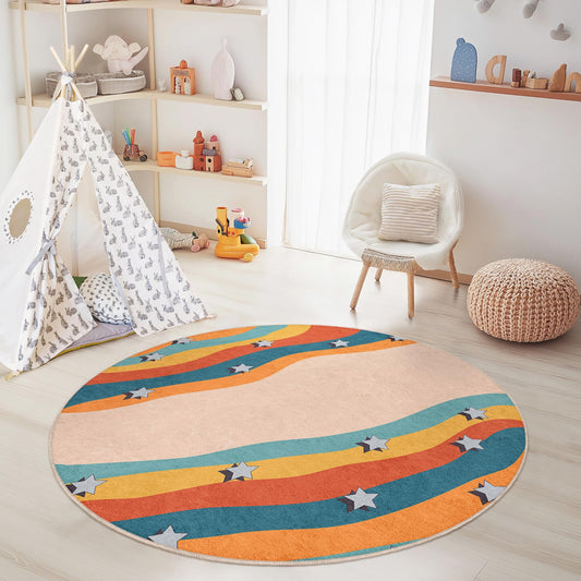 Colorful Wave Pattern Round Kids Play Rug, Soft Circular Carpet for Children's Room, Nursery Decor, Playroom Mat, Star Design