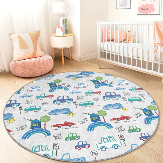 Colorful Car Adventure Round Kids Rug, Fun Playroom Carpet, Car Theme Nursery Decor, Interactive Play Mat for Children