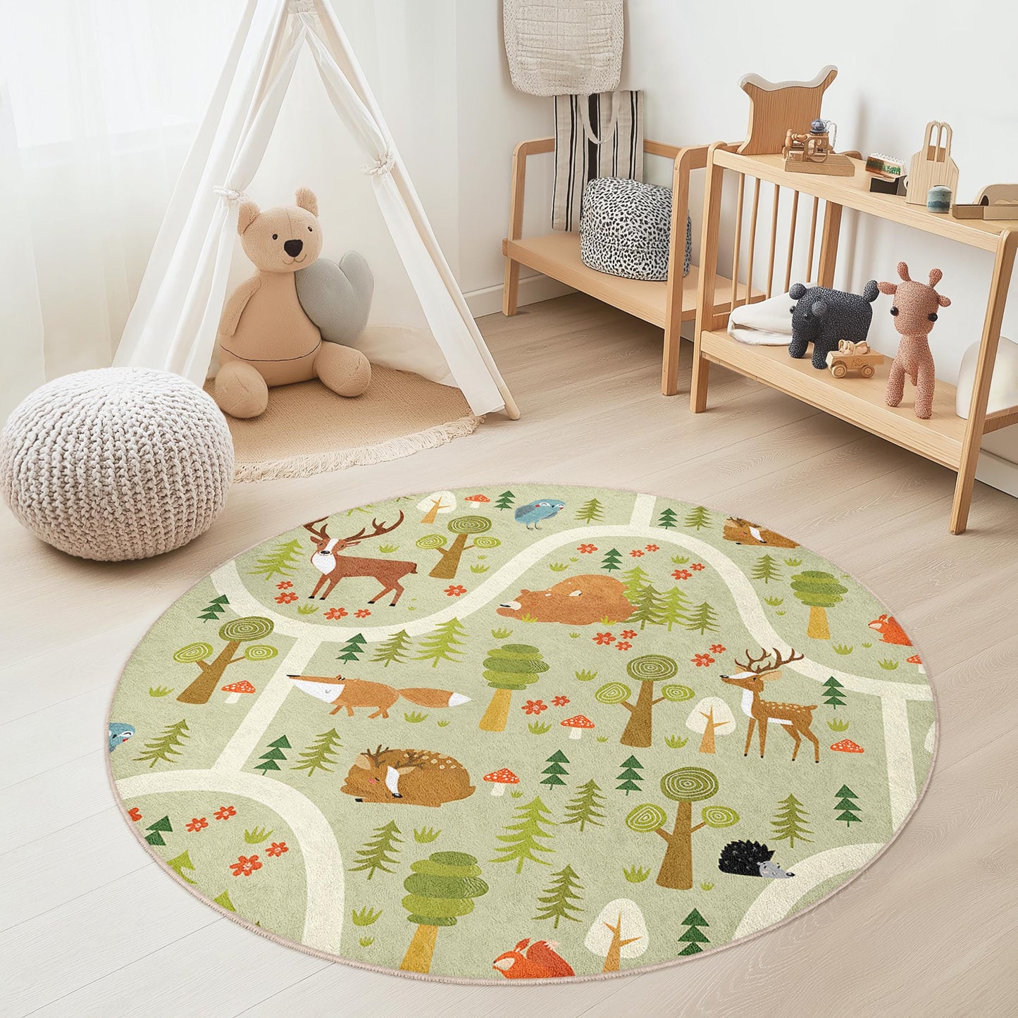 Forest Adventure Round Kids Rug, Woodland Animals Play Mat, Round Carpet for Kids Room, Nursery Decor, Nature Themed Rug