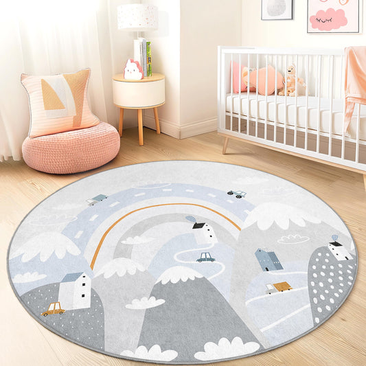 Mountain Adventure Round Kids Play Rug, Road Map Kids Rug, Colorful Play Mat for Children, Nursery Decor, Playroom Carpet