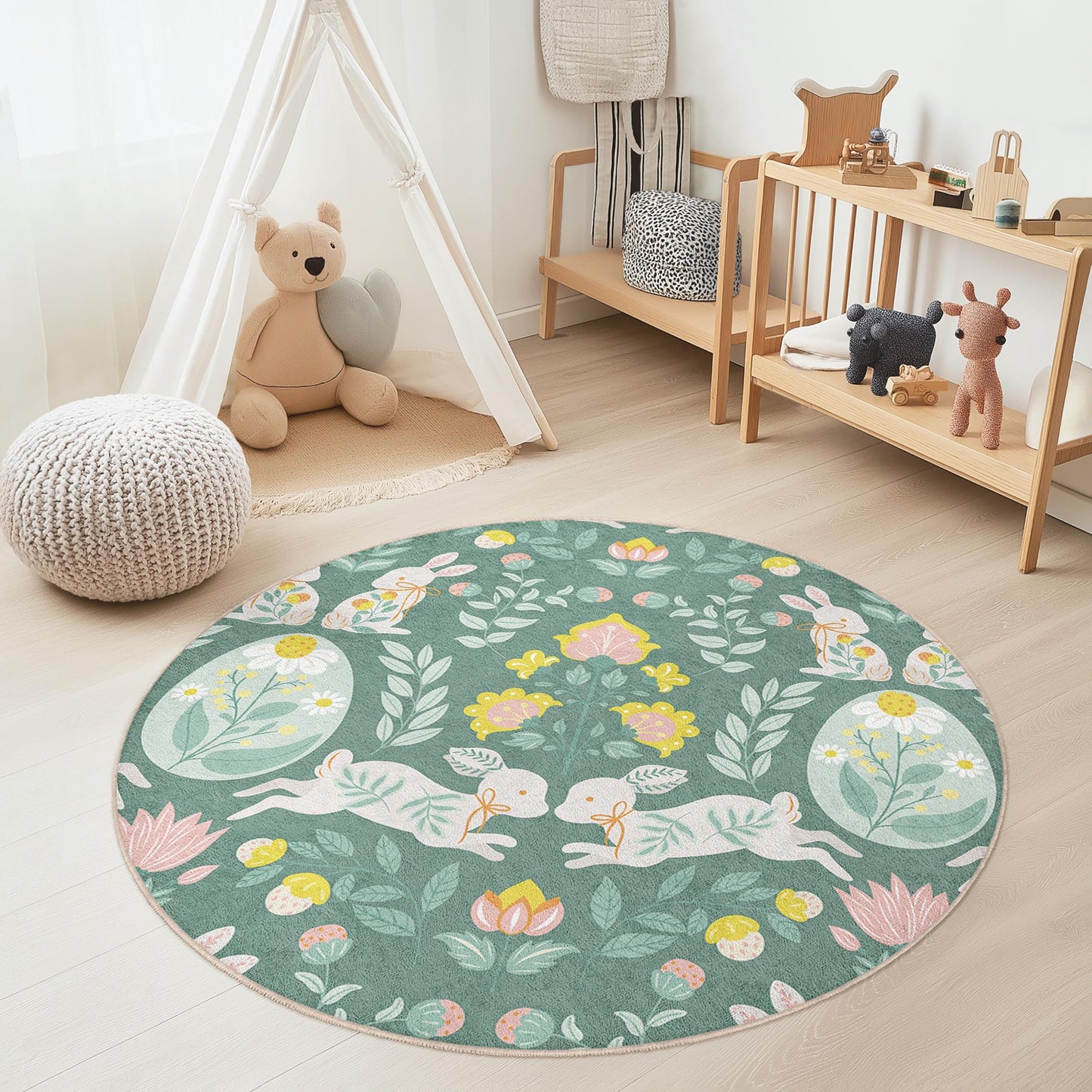 Floral Bunny Round Kids Play Rug, Cute Rabbit Nursery Decor, Kids Room Carpet, Soft Play Mat, Animal Theme Area Rug