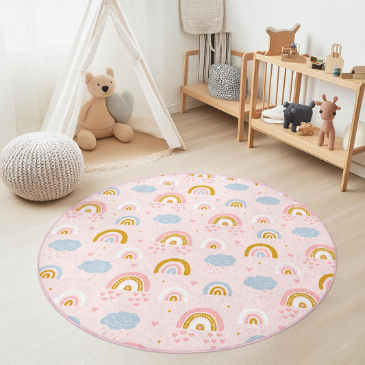 Rainbow Clouds Round Kids Rug, Soft Nursery Carpet, Playroom Decor, Colorful Round Rug for Kids Room, Baby Shower Gift