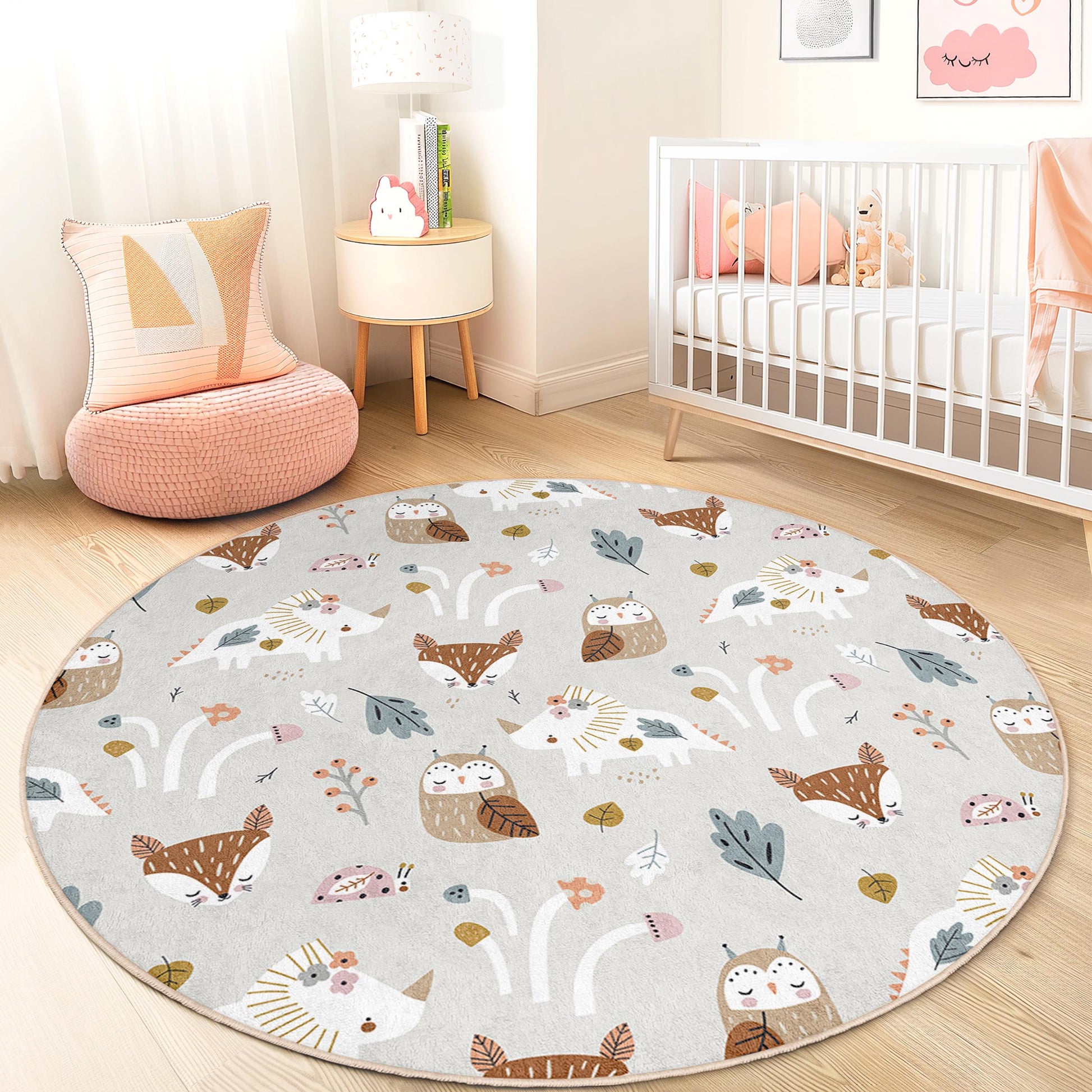 Whimsical Forest Animals Round Kids Rug, Cute Animal Print Rug, Nursery Decor, Playroom Carpet, Soft Round Area Rug