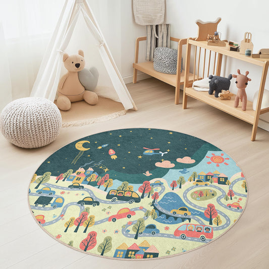 Dreamy Night Sky Round Kids Play Rug, Whimsical Road Map Nursery Rug, Playroom Decor, Soft Kids Carpet for Imaginative Play