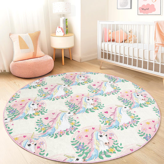 Whimsical Unicorn Round Kids Rug, Colorful Unicorn Play Mat, Round Nursery Rug, Magical Kids Room Decor, Soft Play Area Carpet